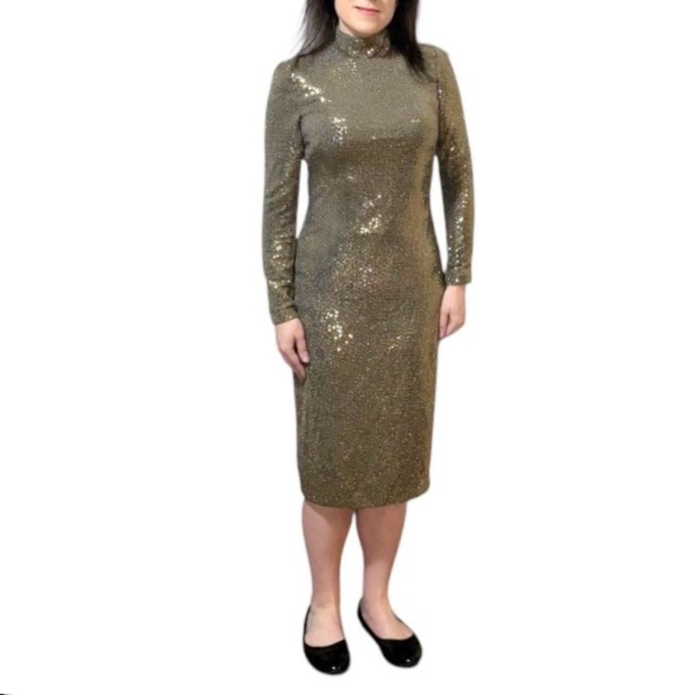 NWT Badgley Mischka Gold Glitter Dress Long Sleeve Turtleneck Midi - Sz 4